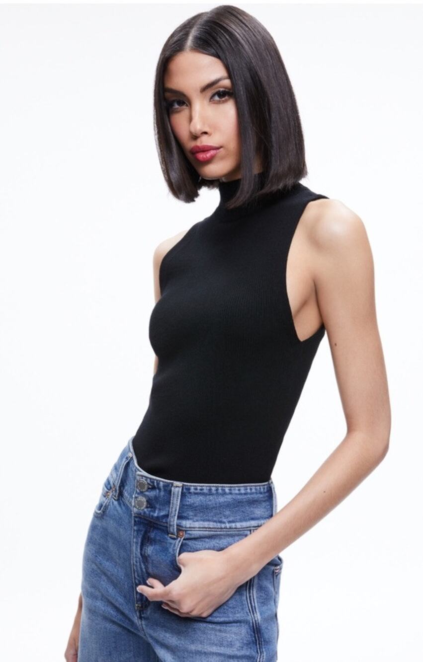 NWT Alice + Olivia Darcey Turtleneck Sweater Tank Black Knit Top, Sz Large